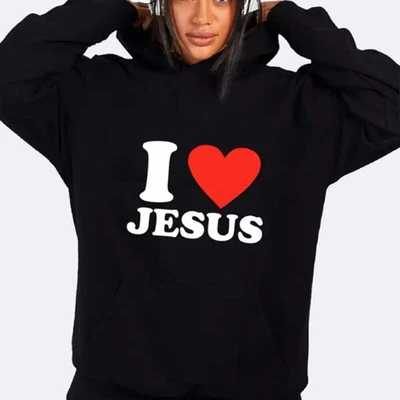 I Love Jesus Print Hoodie, Casual Long Sleeve Hoodies Sweatshirt, Women's Clothi — 第 1/4 张图片