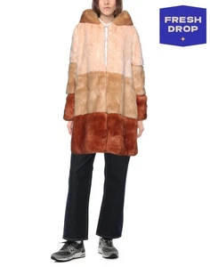 RRP€550 SATINE Faux Fur Coat Size M Colour Block Lined Hooded Made in Italy - Picture 1 of 5