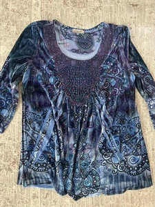 One World Womens Burnout  Velvet Gem Stone SZ M Blue Round Neck Tunic 3/4 Sleeve - Picture 1 of 8