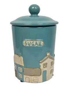 Coastal Ceramic Sugar Jar 17cm Turquoise Cottage Design Kitchen Storage Canister - Picture 1 of 4