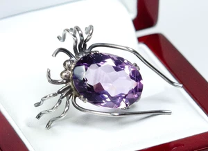 Silber - antike Brosche - natürlicher 10.50 ct Amethyst - Spinne-Form - Bild 1 von 6