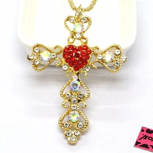 Fashion Women Red Golden Cross Prayer AB Crystal Pendant Chain Necklace - Picture 1 of 4