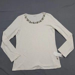 Charter Club blusa donna grande L manica lunga pullover con perline beige - Foto 1 di 13