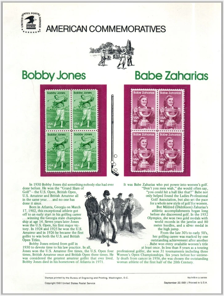 1981 Bobby Jones, Babe Zaharias golf CP149 commemorative panel 149 Sc 1932 1933 - Image 1 of 1