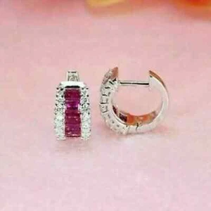 2.40 Ct Lab-Created Red Ruby Diamond Huggie Hoop Earrings 14K White Gold Finish - Picture 1 of 4