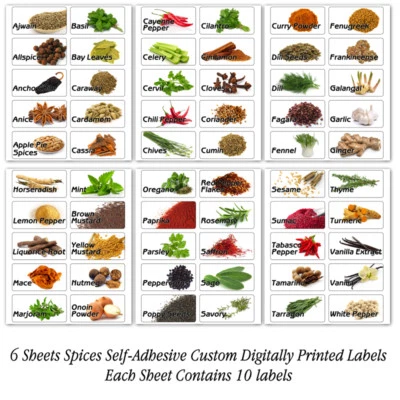 BEST VINYL STICKER 60 KITCHEN SPICES HERB JAR BOTTLES RECTANGLE ILLUSTRATED PRINTED STICKERS LABELS