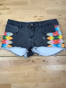 Womens Element Denim Shorts 26 Blue Tribal Print Frayed Distress #2429 - Picture 1 of 6