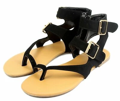 NUEVO Para Mujer Gladiador Tirantes Hebilla Cremallera Coachella Sandalia Zapatos Negro Bambú 7 Foto 1 de 4
