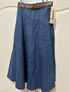 Vintage Vivaldi Women's Skirt w/ Belt Sz 12 Maxi Denim Full NWT Pocket - Picture 1 of 15