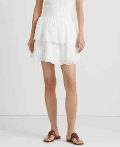 Lauren Ralph Lauren Eyelet-Embroidered Miniskirt Women's 2 White Elastic Waist - Picture 1 of 14