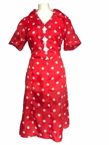 VINTAGE 50s RED Polka Dots CHIFFON MIDI Dress Scalloped/ L 42" Waist - Picture 1 of 4