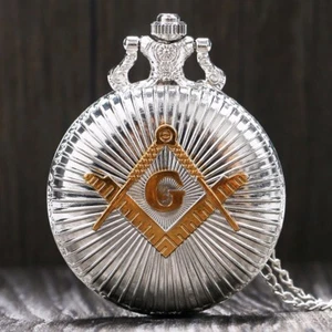 Vintage Silver Freemasonry Masonic Mens Quartz Pocket Watch Necklace Chain Gift - Picture 1 of 5