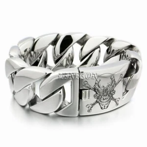 Enorme Bracciale Acciaio Inox Teschio Pirata Inciso Catena Maglia Cubana 5C104B BZ - Foto 1 di 17