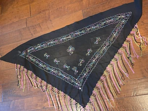 Womens Bright Embroidery Scarf Sheer Black Triangle With Fringe & Beads - Picture 1 of 4