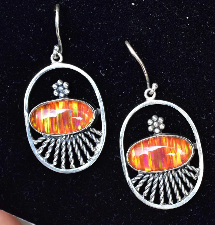 Pendientes colgantes de plata de ley 925 ovalados de ópalo de fuego naranja de 39,45 quilates joyas para mujer Foto 1 de 4