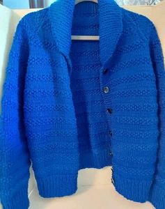 VINTAGE HANDMADE WOMENS Cardigan 7 Buttons, Shawl Collar Royal Blue Size L/XL - Picture 1 of 13