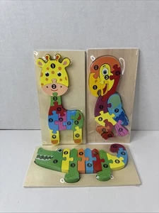 3d Number Learning Animal Wooden toys Lot Of 3 : Giraffe, Bird And Crocodile - Picture 1 of 5