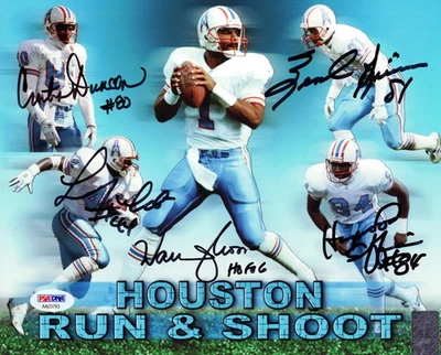 Houston Oilers Run & Shoot Signed 8x10 Photo "HOF 06" 5 Sigs Warren Moon PSA/DNA - Image 1 of 2