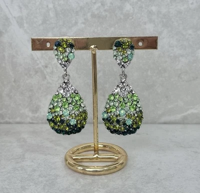 Crystal Tear Drop Green Earrings Boho Retro Statment Large Dangle Earrings UK - Image 1 of 4