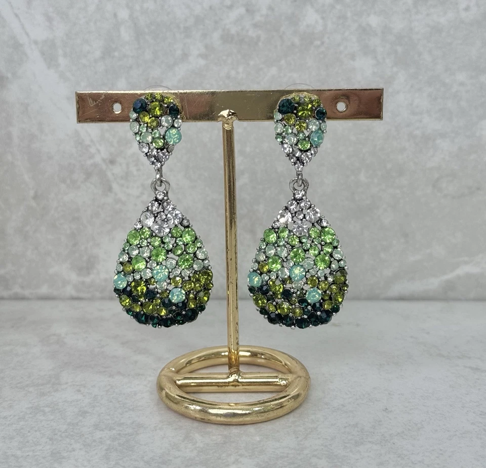 Crystal Tear Drop Green Earrings Boho Retro Statment Large Dangle Earrings UK - Image 1 of 4