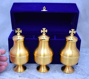 Set of Holy Oil Stocks, O.I, O.S, S.C, Gold Plated, With Case (CU130) Chalice Co - Picture 1 of 22