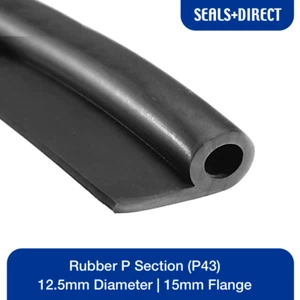 Black Rubber P Section (P43) - Diameter: 12.5mm, Flange: 15mm, Thickness: 2.6mm - Picture 1 of 2