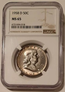 1958 D Franklin mezzo dollaro MS65 NGC tono - Foto 1 di 4