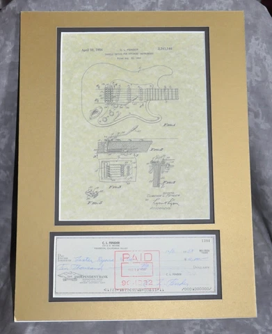 Leo Fender Autographed 1968 Check w/ Stratocaster Patent Copy Matted 12"x16" Cover