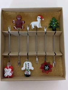 6 Christmas Glass Top Cocktail Picks Appetizer Forks Party Holiday in Box - Picture 1 of 5