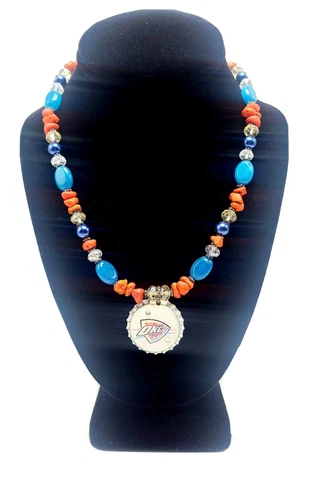 Thunder OKC Basketball Glass & Rock Beaded Bottlecap Pendant Necklace Orange Cover