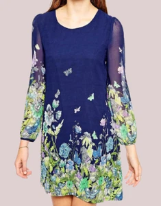 Yumi Long Sleeve Shift Dress In Border Floral Print Navy UK 12 LN016 SS 08 - Picture 1 of 3