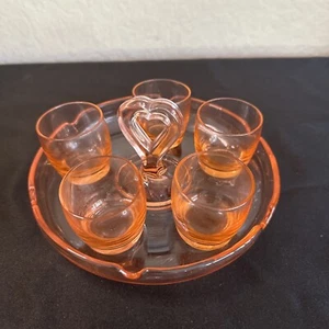 VINTAGE ART DECO ROSA DEPRESSIONSGLAS SCHNAPSGLÄSER - 5ER SET MIT TABLETT - Bild 1 von 10
