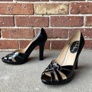 Cole Haan Black Patent Leather Platform Peep Toe Heels Size 9 B Career Shoes - Picture 1 of 12