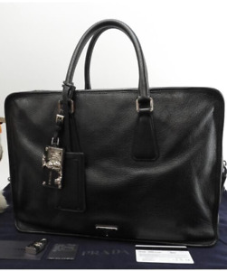 Prada Document Case Bag Double Zipper Briefcase Taurillon Leather Black