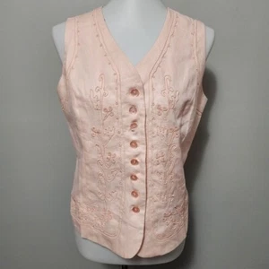 Vintage Stephanie Andrews 80s Peach Embroidered Linen Waistcoat Vest Size Medium - Picture 1 of 6