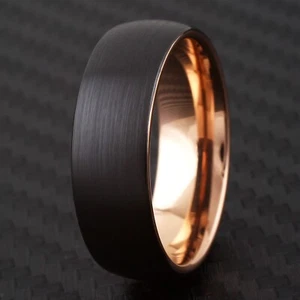 Black Brushed Tungsten Domed Rose Gold Plated Side & Inside Wedding Band Ring - Picture 1 of 12