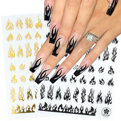 3D Holographic Fire Flame Nail Stickers Gold Black Decal DIY Nail Art Decoration • 1.99$