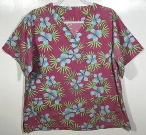 Scrub Top Damen Gr. M Medium Happy Scrubs Hawaiihemd Tropical Hibiskus Palm - Bild 1 von 6