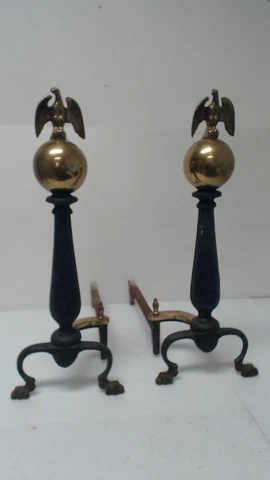 Vintage Brass & Cast Iron Andirons Firedogs Fireplace Matching Pair Cover