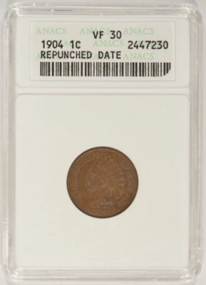 1904 Indian Head Cent 1c Repunched Date ANACS VF30 RPD 2447230 - Image 1 of 4