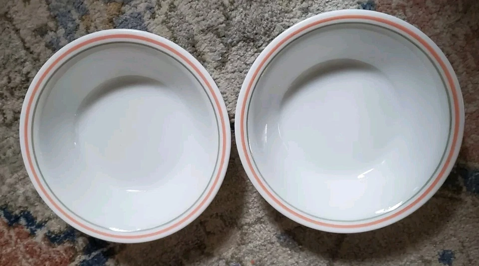 Set of 2 Corelle Peach Floral Bowls Cereal Soup Coupe 7-1/4" Orange Green Stripe - Image 1 of 1