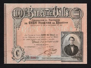 F.C. 100 PESETAS BANCO DE VALLS , 1921 , EBC+ . - Imagen 1 de 2