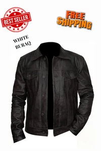 Men's Brown Trucker Leather Jacket – Slim Fit Vintage Motorcycle Western Style - Picture 1 of 4