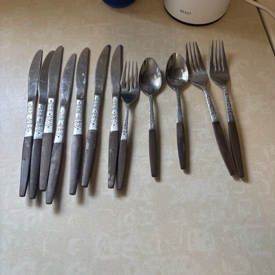 Juego de 12 cubiertos con mango de canoa de madera inoxidable forjado floral EKCO Eterna EKS14  Foto 1 de 2