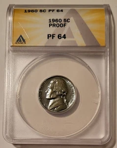1960 Jefferson Nickel Proof PF64 ANACS Light Steel-Blue Toning - Picture 1 of 4