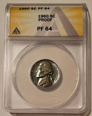 1960 Jefferson Nickel Proof PF64 ANACS Light Steel-Blue Toning - Image 1 of 4