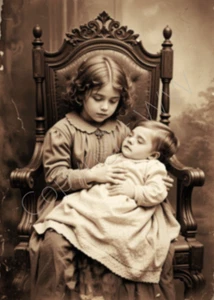 Geschwister Mädchen Foto Post Mortem Baby Beerdigung Blumen viktorianisch 4 mal 6 Foto - Bild 1 von 1