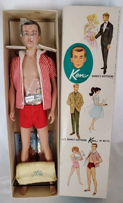 Muñeca Ken 1961 flocada prístina en caja, violonchelo con cabeza, etiqueta de muñeca, soporte, etc. ¡GUAU!! Foto 1 de 4