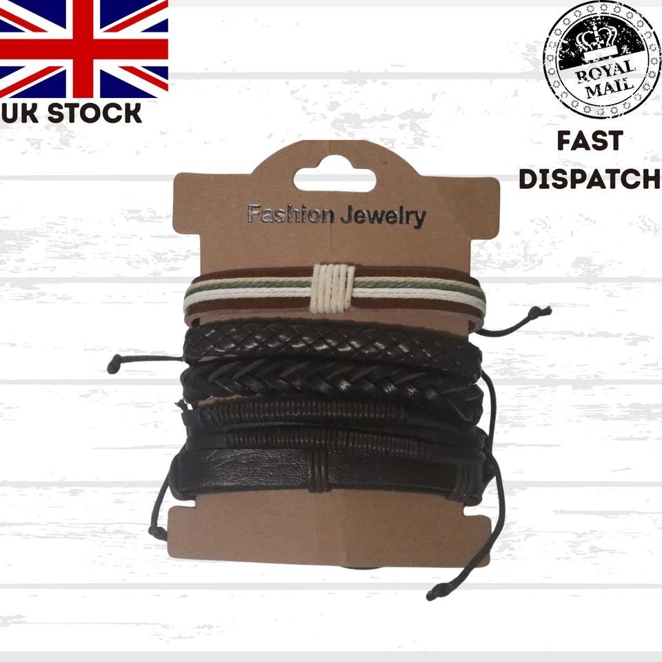 Set Mens Brown Black Beaded PU Leather Wooden Wristband Bangle Bracelet - Image 1 of 1