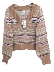 NUOVO maglione Hippie Rose taglia L moka Fair Isle manica a bolla scollo a V Ski Lodge Glam - Foto 1 di 21